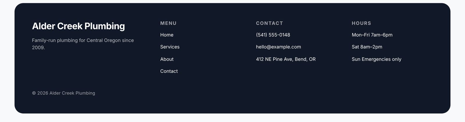 The Bento site footer on desktop: business name, menu, contact details and opening hours