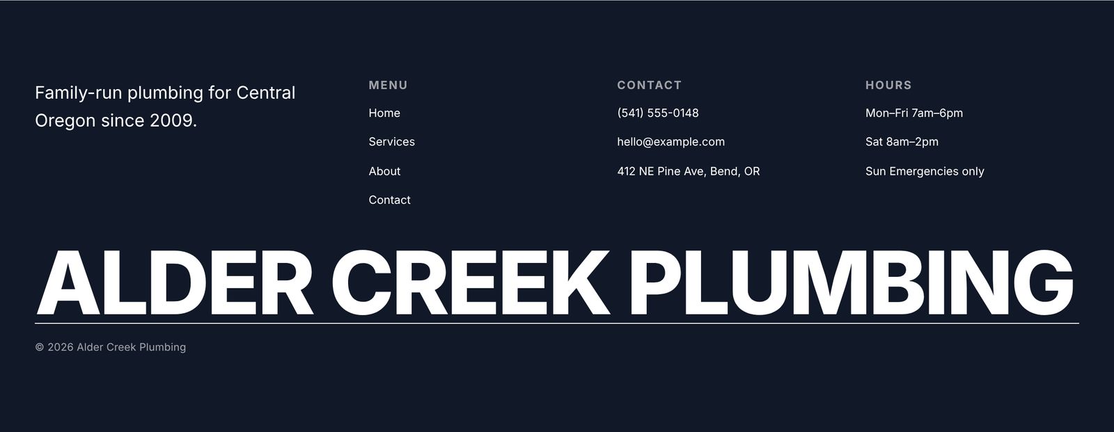 The Billboard site footer on desktop: a dark band with the menu, contact details and opening hours, and the business name across the full width