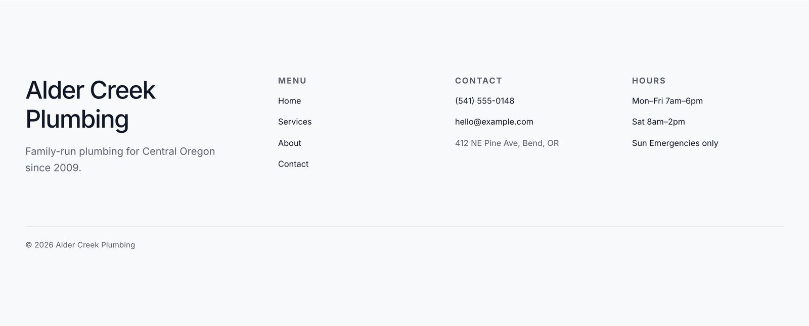 The Lens site footer on desktop: a soft grey footer with the business name, menu, contact details and opening hours