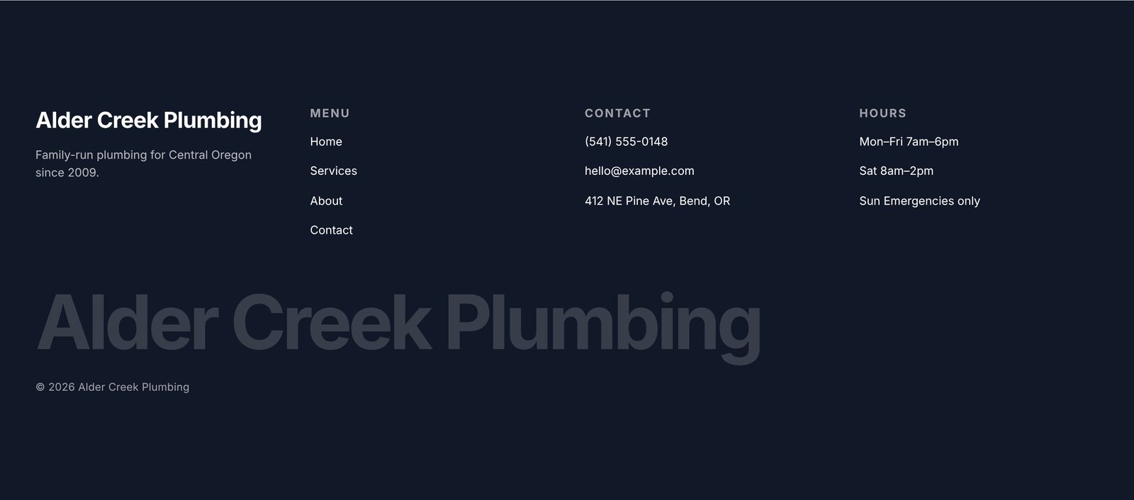 The Studio site footer on desktop: business name, menu, contact details and opening hours