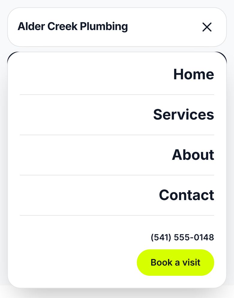 The Bento phone menu open: a rounded card under the rounded bar, with the links, phone number and button