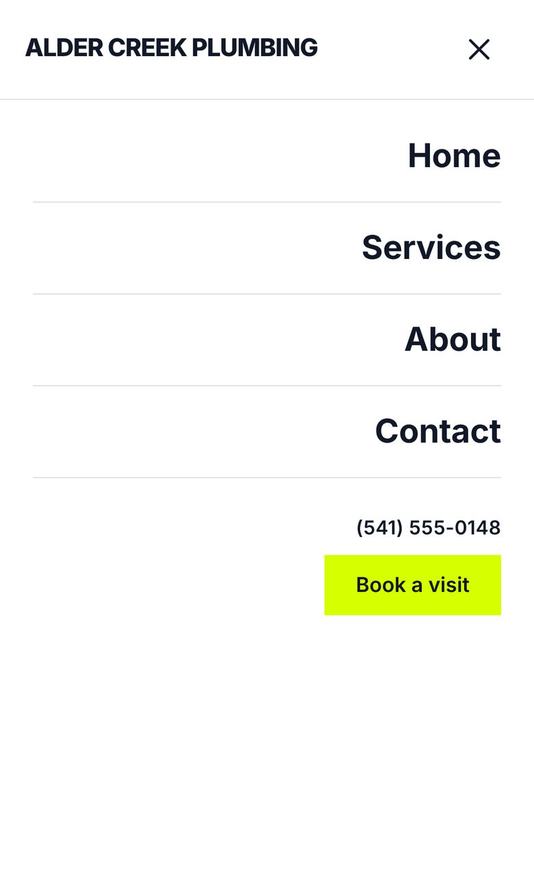 The Billboard phone menu open: a full-width sheet under the header, with the links, phone number and button