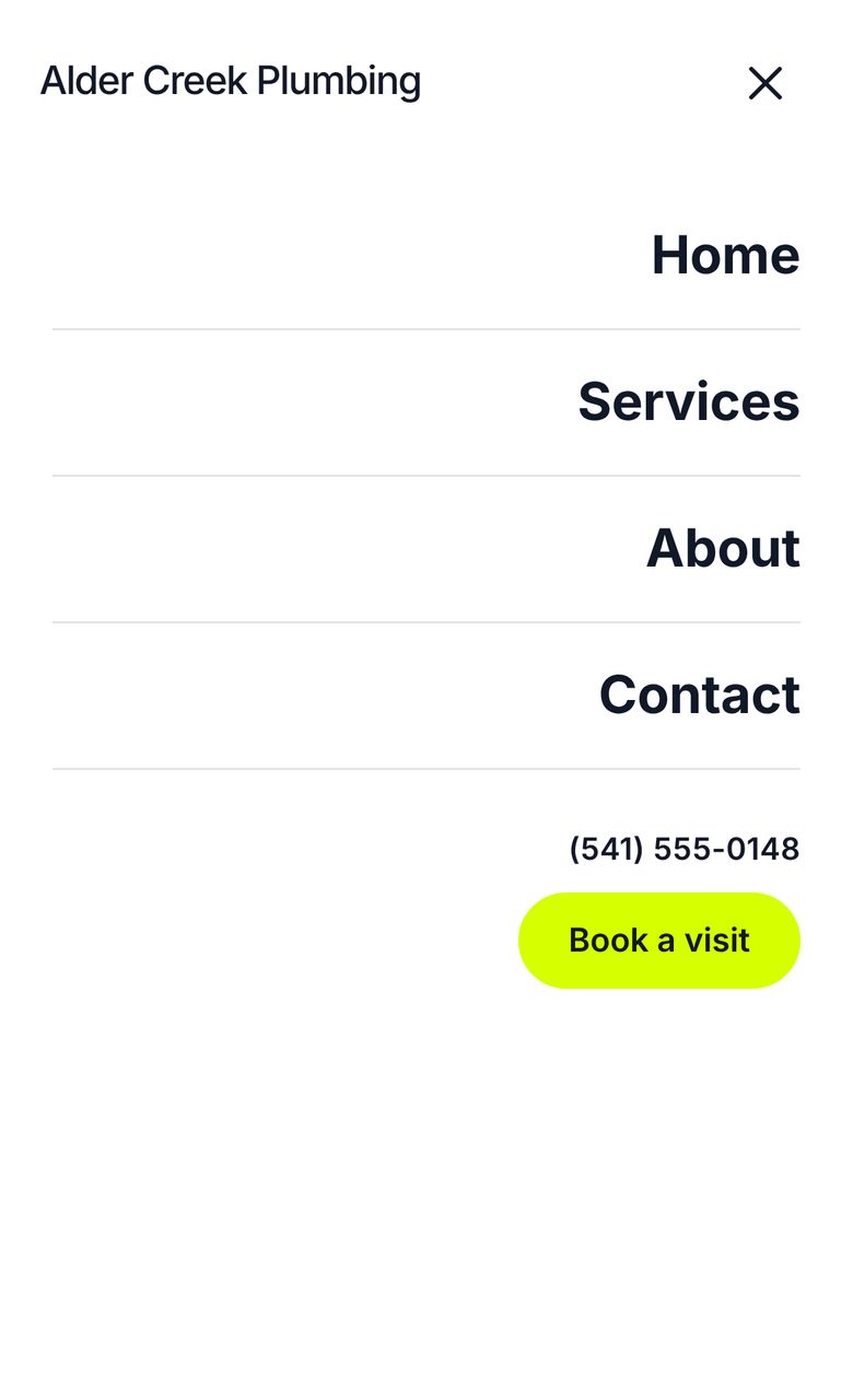 The Lens phone menu open: a full-width sheet under the header, with the links, phone number and button